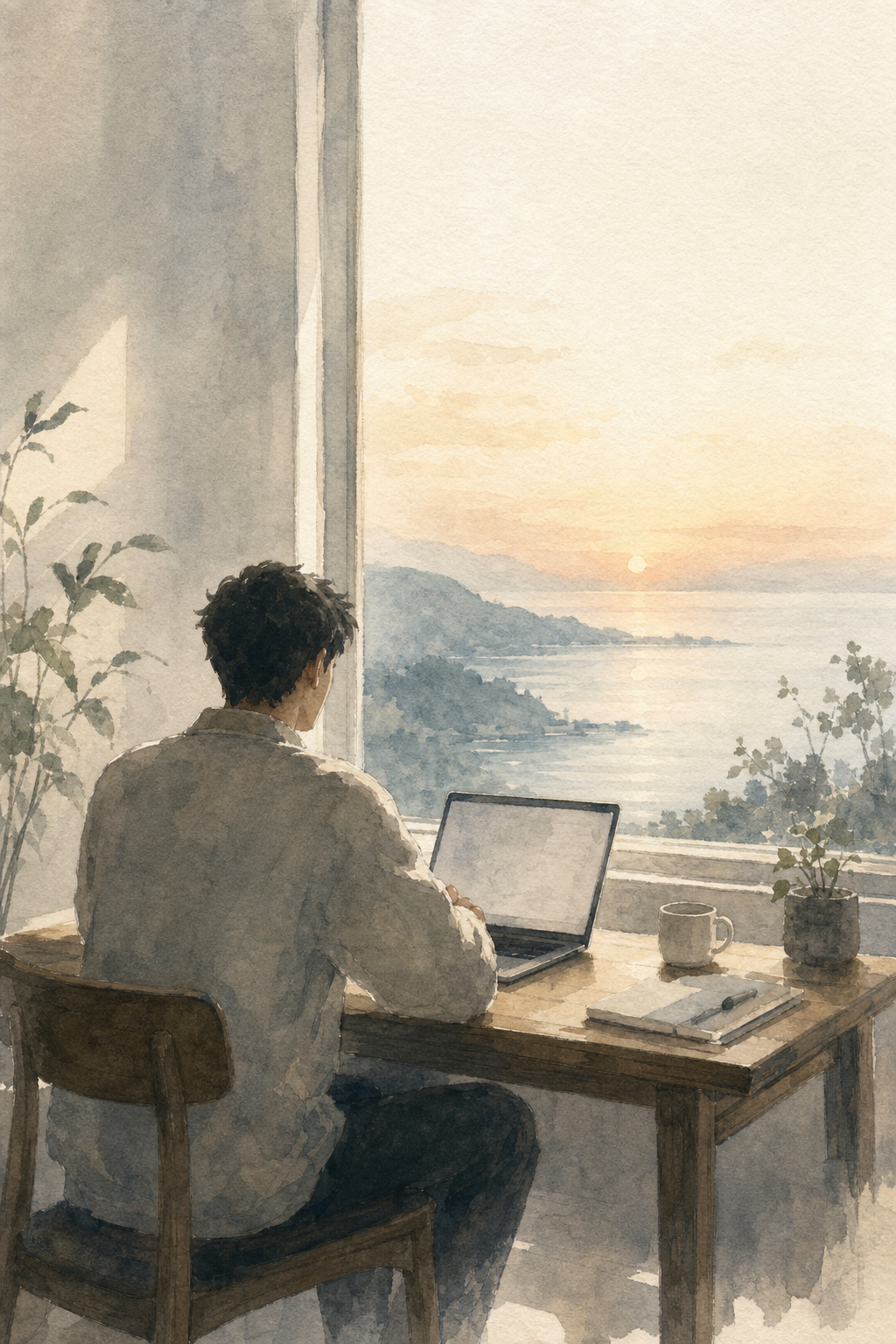 A quiet watercolor of someone working at a laptop by a large window at dawn, overlooking a calm sea