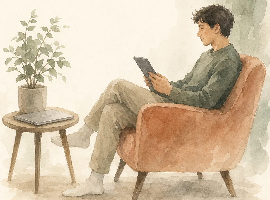 Watercolor illustration of a young man relaxing in an armchair with a tablet, a closed laptop set aside on a side table beside a leafy plant.