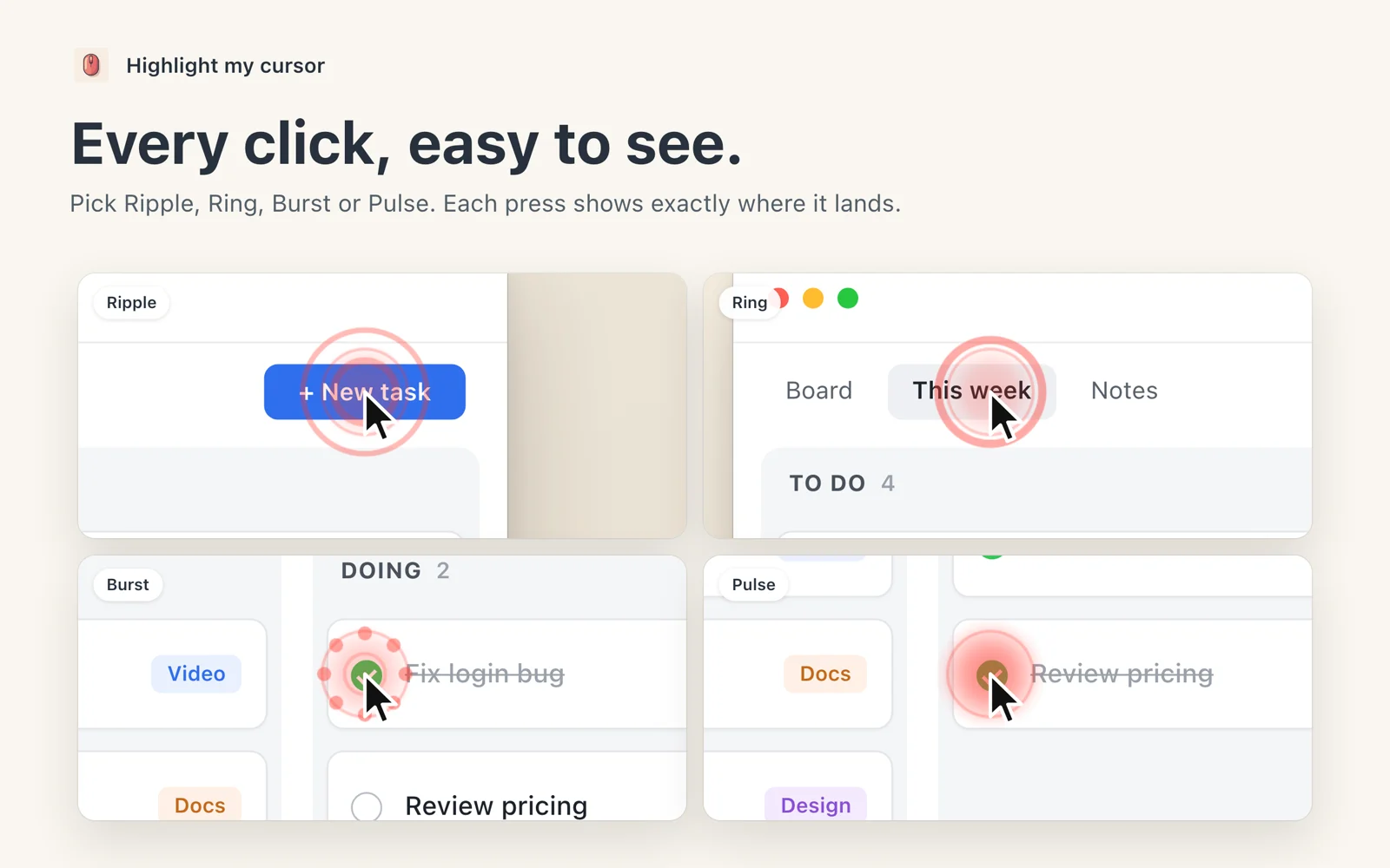 Four close-ups of clicks on the same board: Ripple, Ring, Burst and Pulse