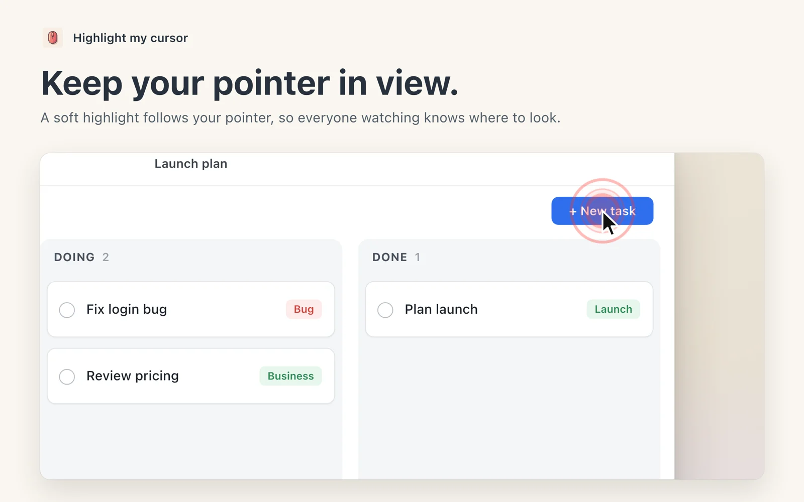 A task board window with the pointer on the New task button and a red ripple spreading from the click