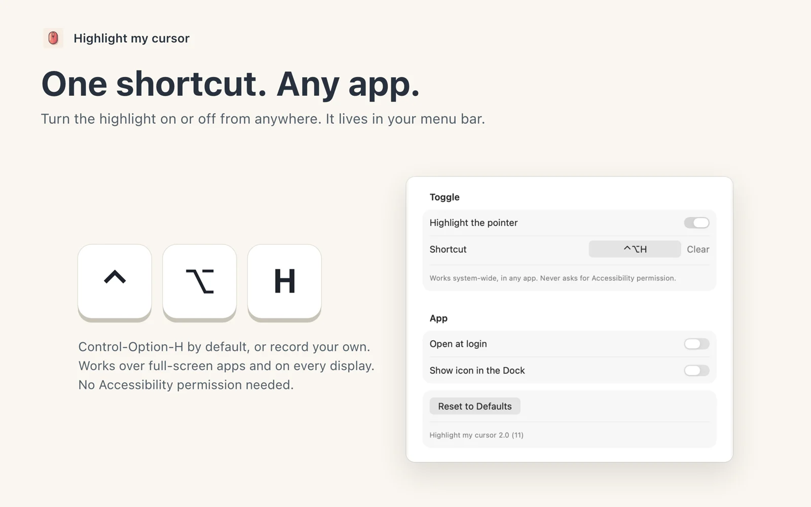 Control, Option and H keys next to the General settings with the shortcut recorder
