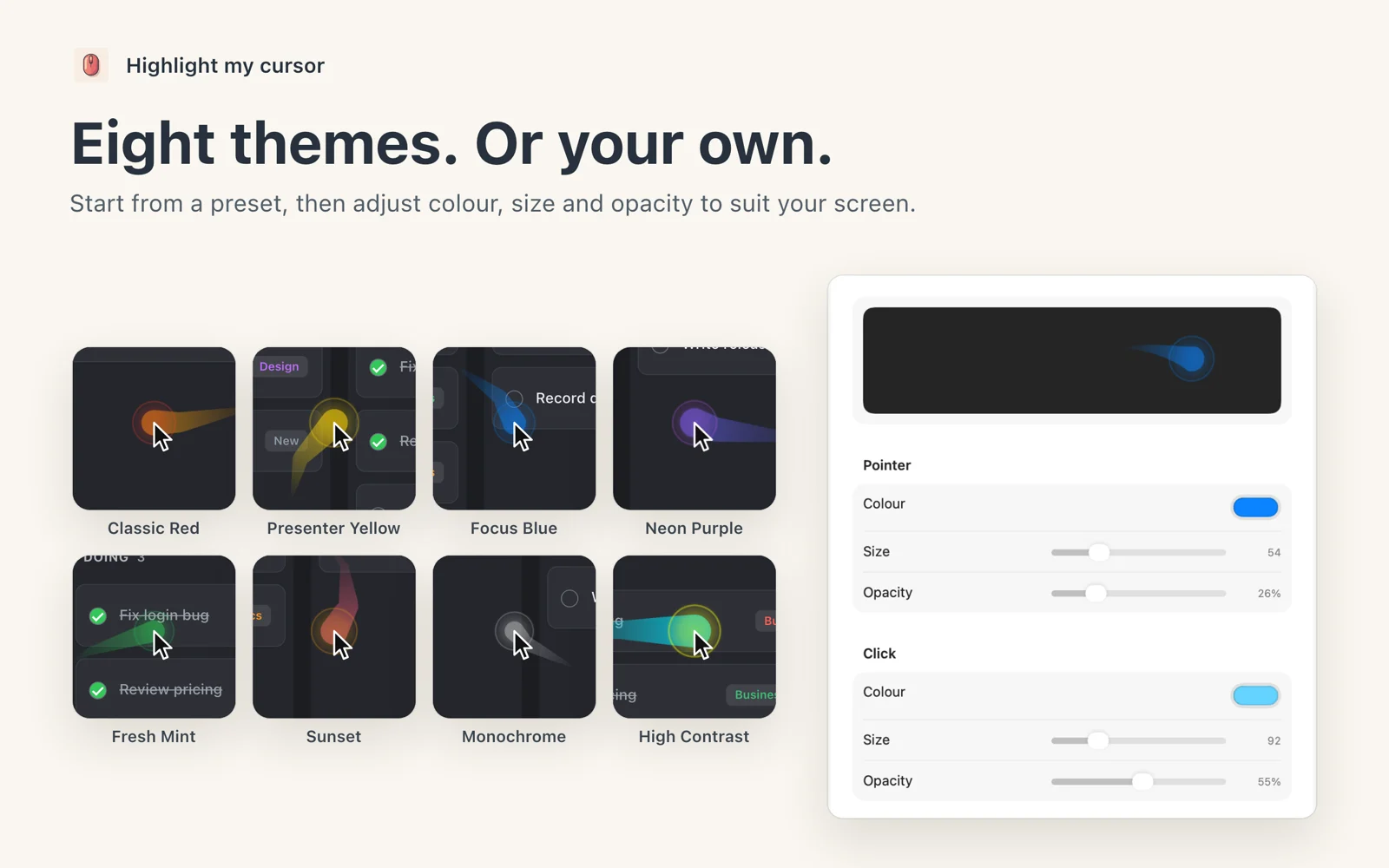 Eight small previews of the pointer highlight in each theme on a dark window, next to the Colours settings