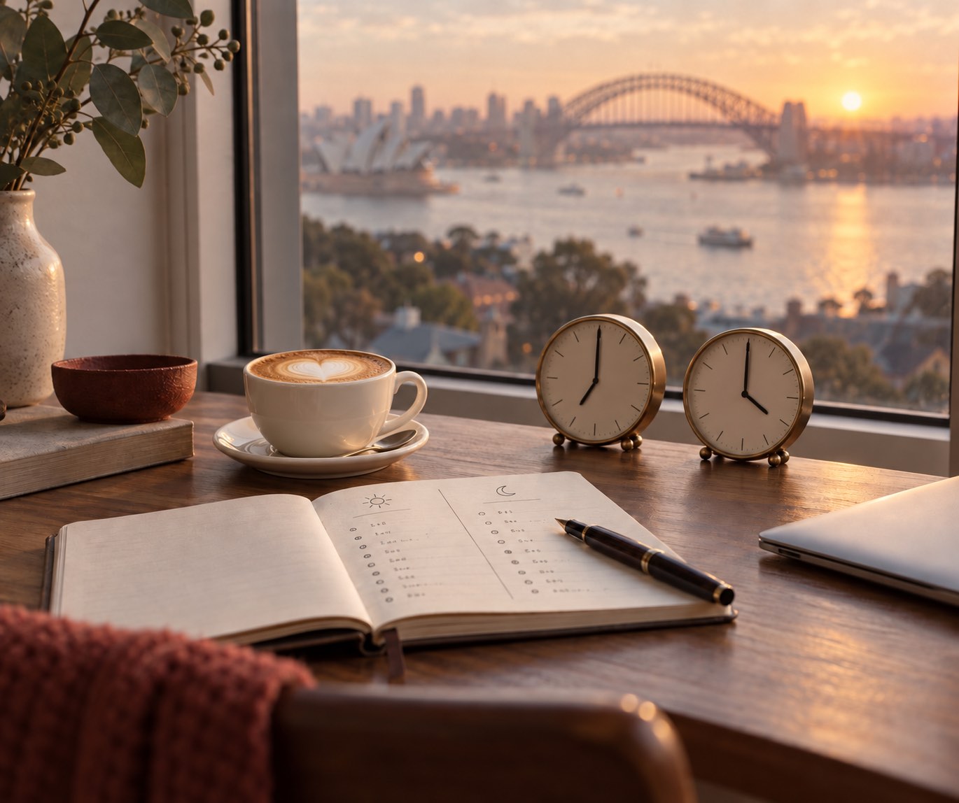 A wooden desk at sunrise by a window over Sydney Harbour: a cappuccino with a heart in the foam, a paper notebook with a day column and a night column, and two small clocks set to different times