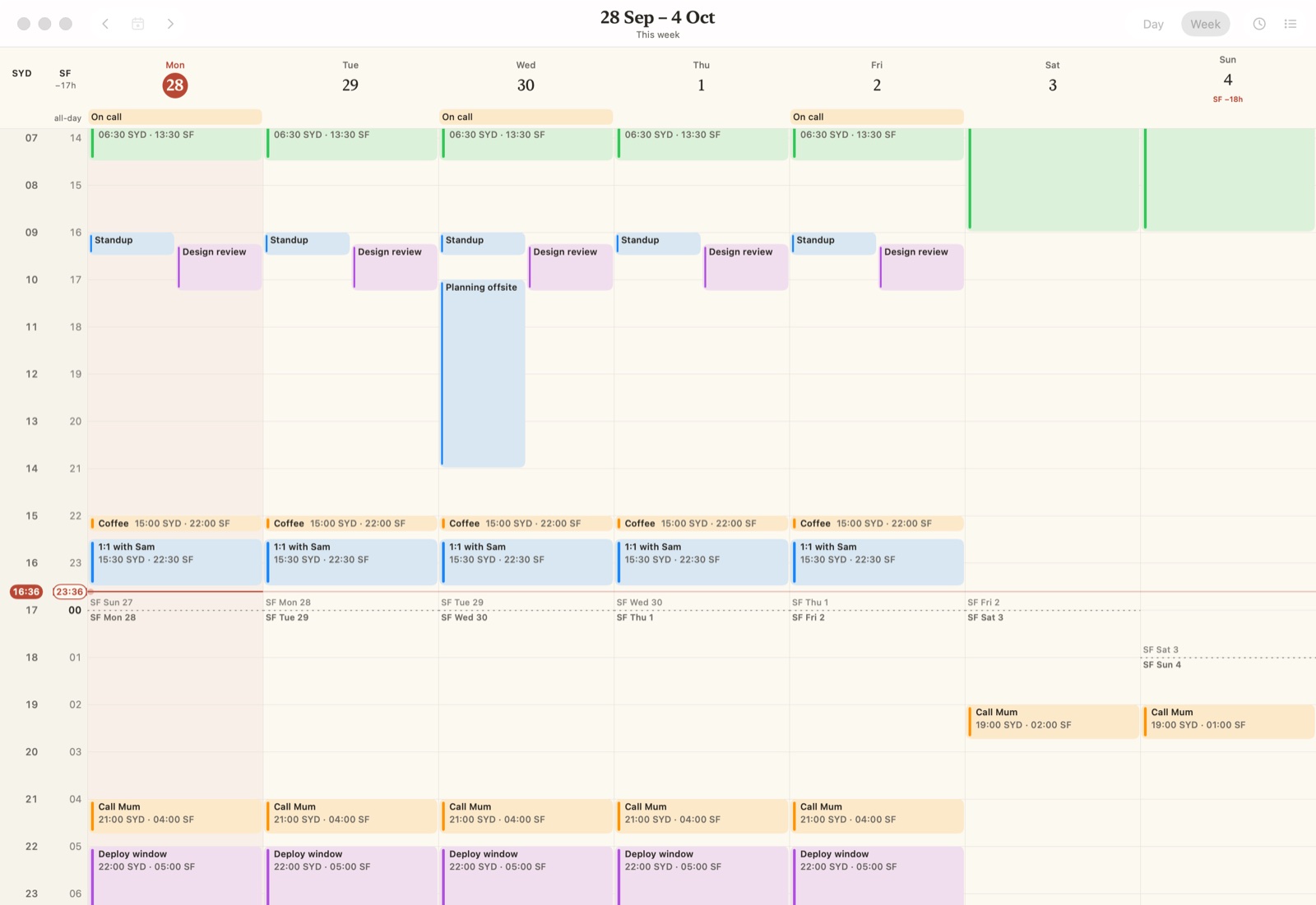 Huy Cal on the Mac: week of 28 September with Sydney and San Francisco columns, San Francisco's midnight marked each afternoon, and an SF −18h badge on the daylight saving Sunday