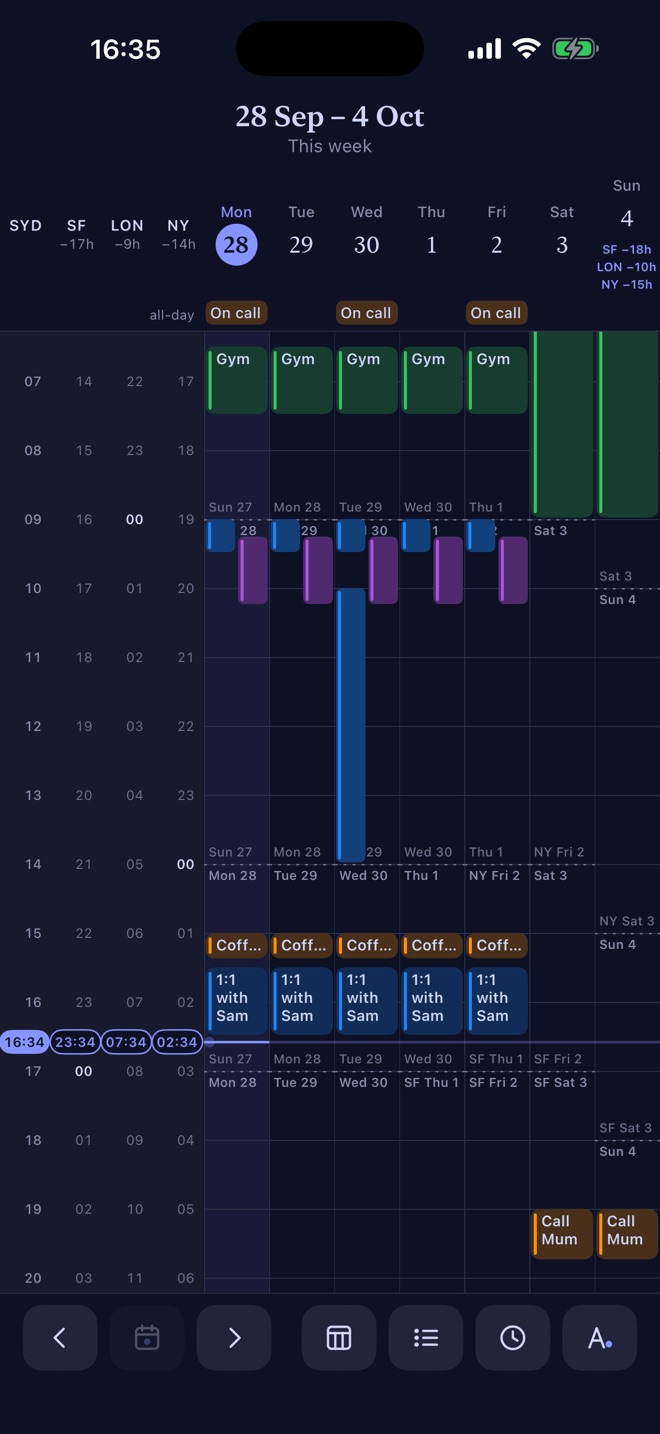 Dark Midnight theme, week view with four cities: Sydney, San Francisco, London and New York