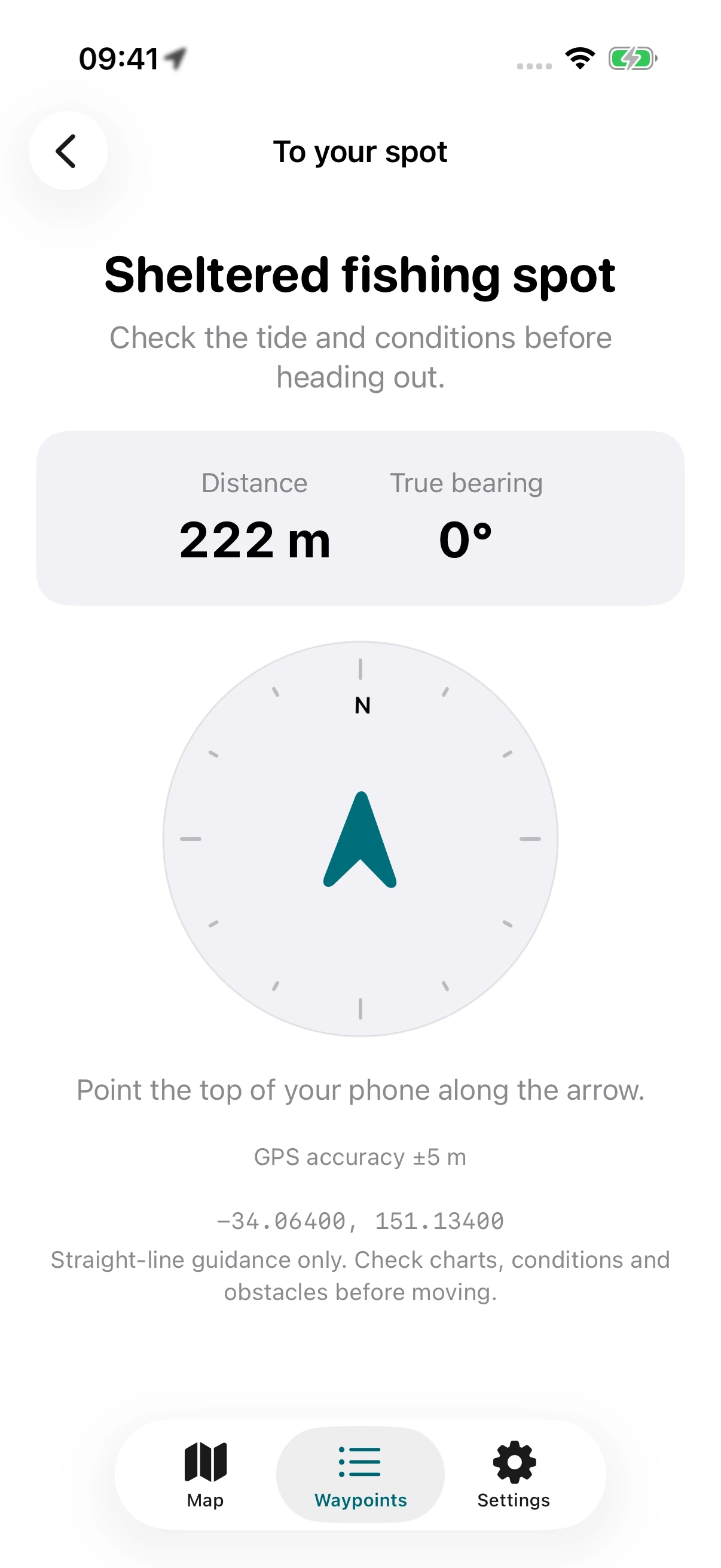 Nami compass showing direction and distance to a saved waypoint