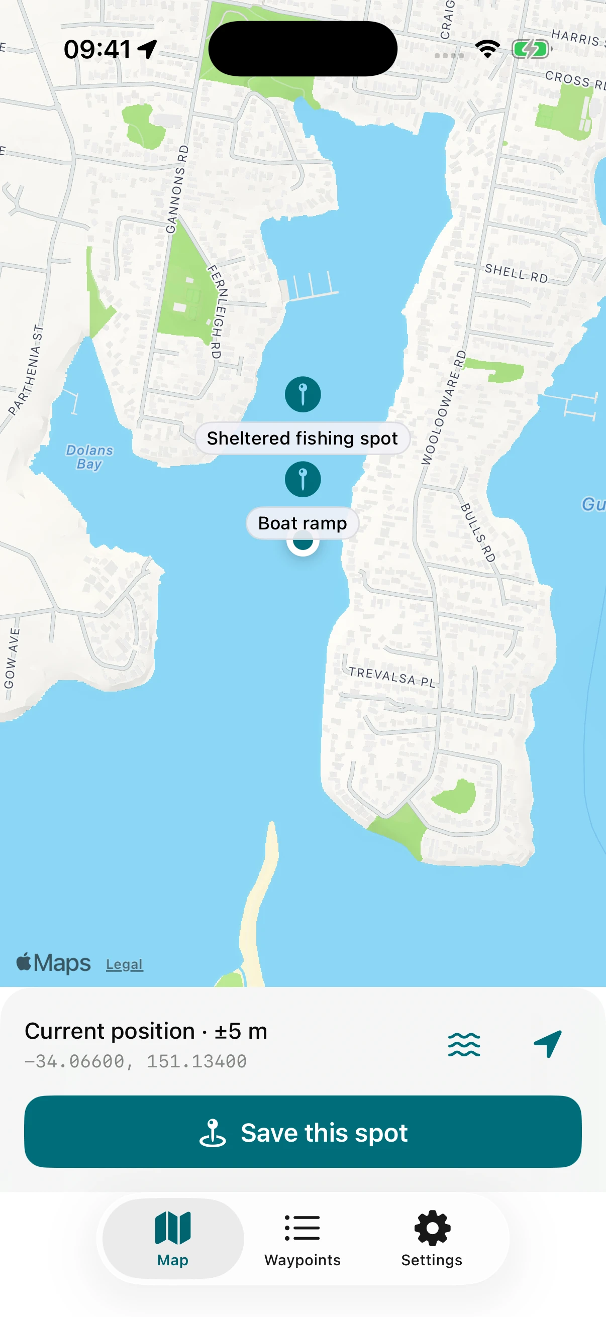 Nami on iPhone showing saved spots on the map