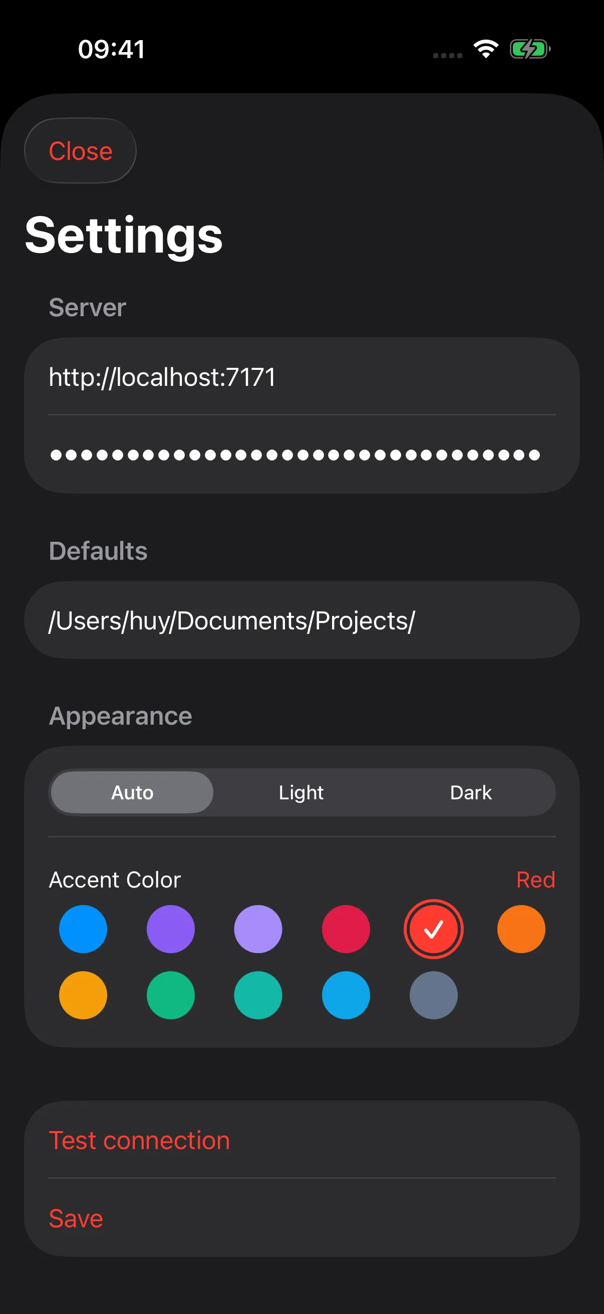 Settings with bridge URL and token configuration