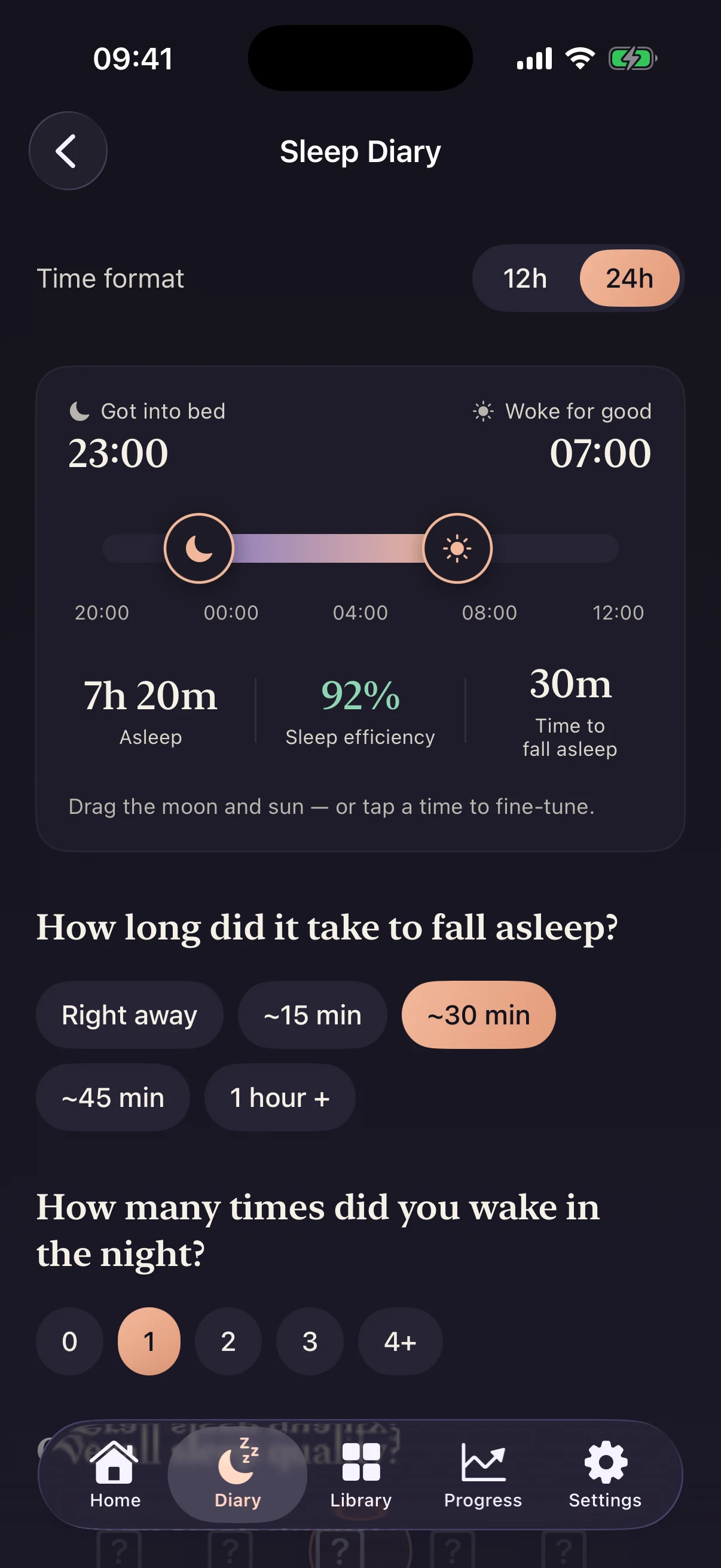 Sleep to Lead 1.1 sleep diary with a bedtime and wake-time slider, using example data