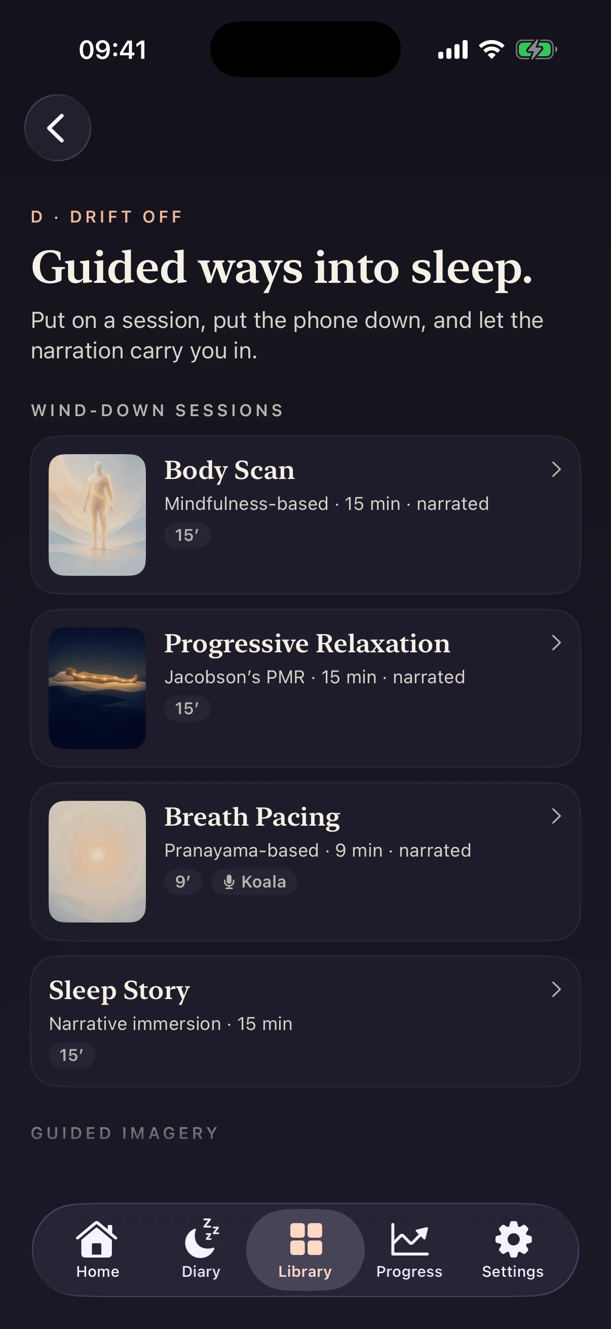 Sleep to Lead 1.1 Drift library showing guided wind-down sessions and imagery