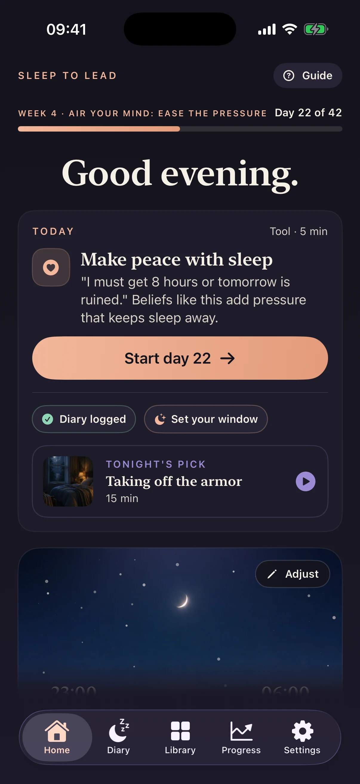 Sleep to Lead 1.1 evening home screen, day 22: Make peace with sleep