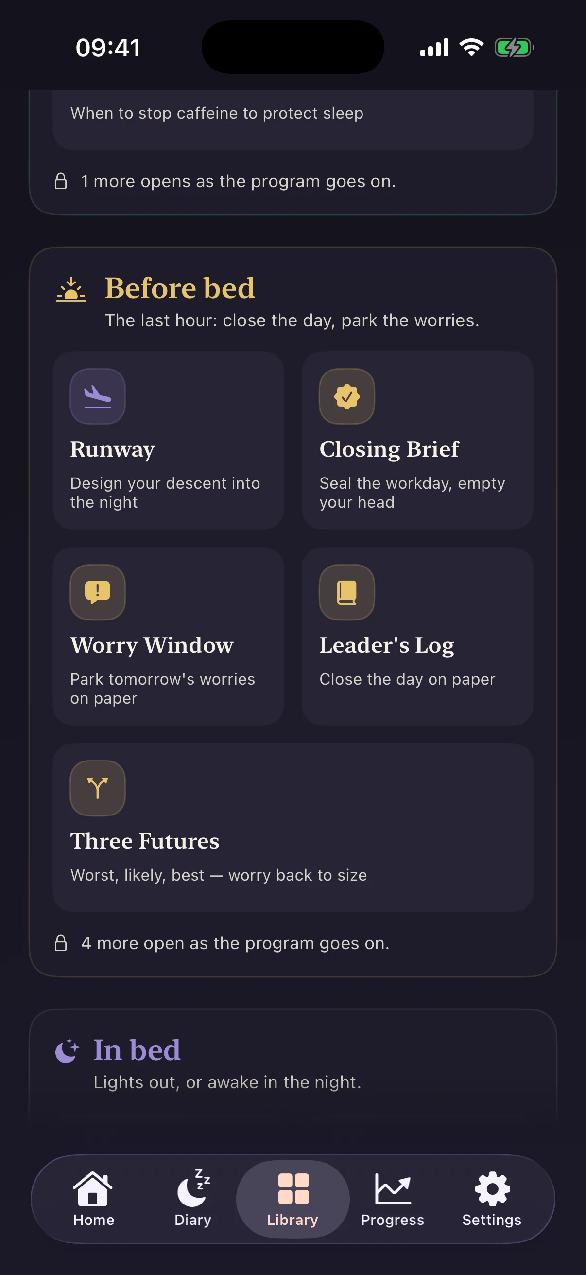 Sleep to Lead 1.1 Library, with tools organized by time of day